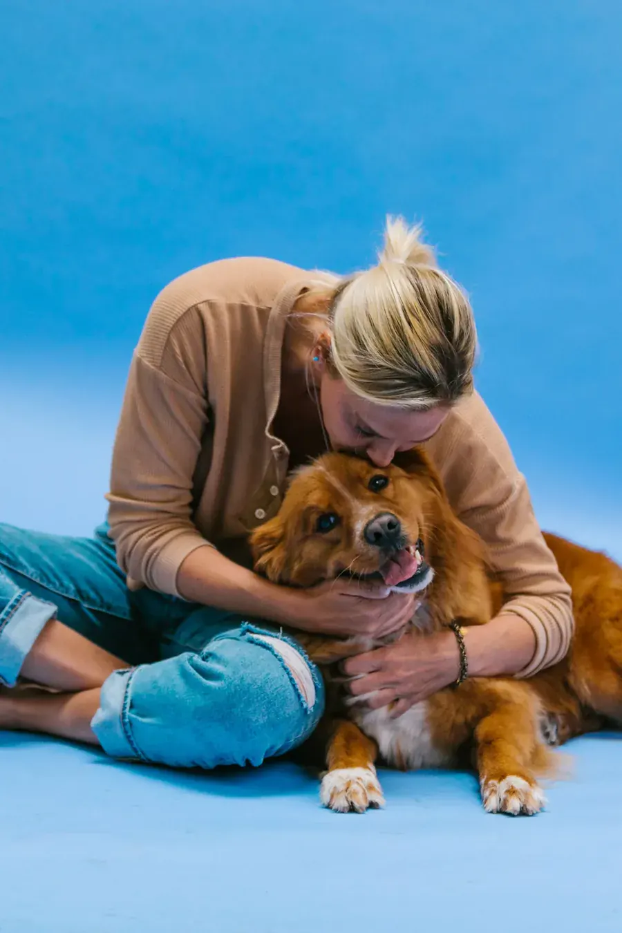 A woman holding a dog that has stopped checking the room, safe enough at last.