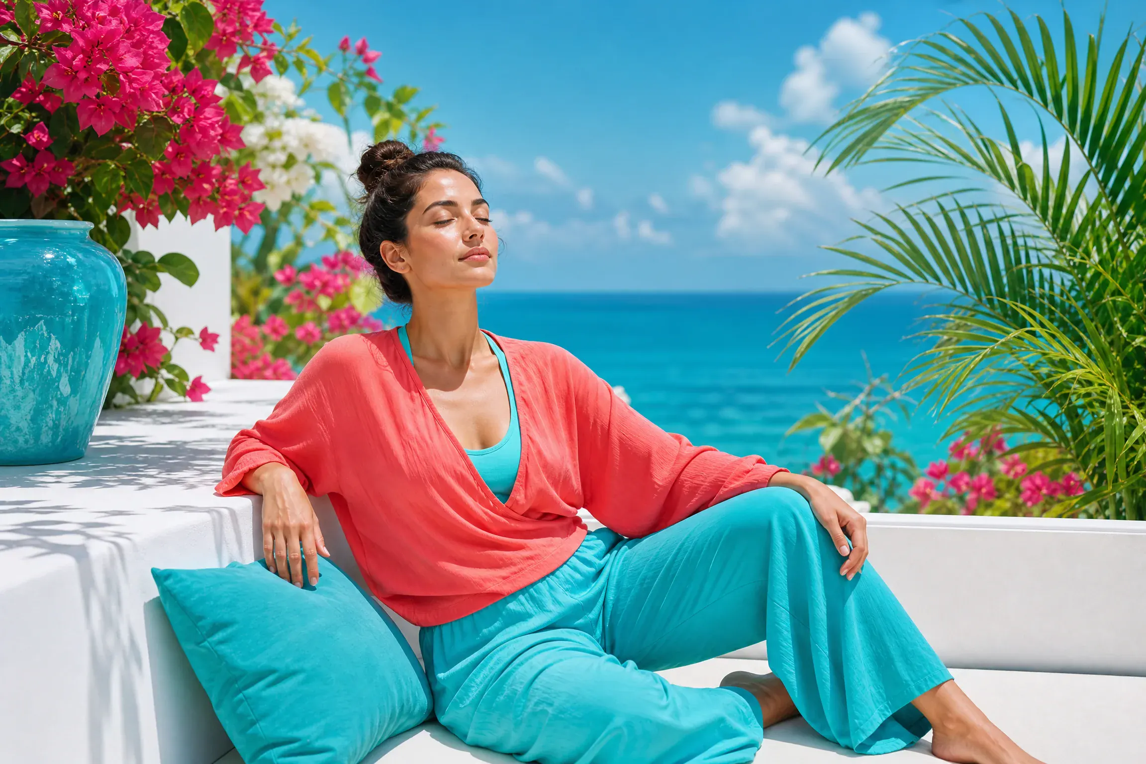 A woman sitting back with her eyes closed, one long exhale doing the work.