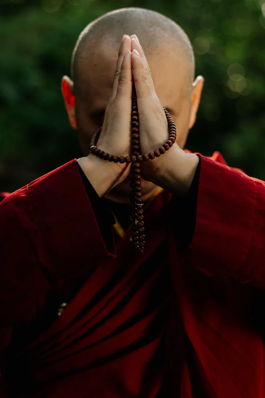 Two palms pressed together over a bowed head, a body told plainly to stop.
